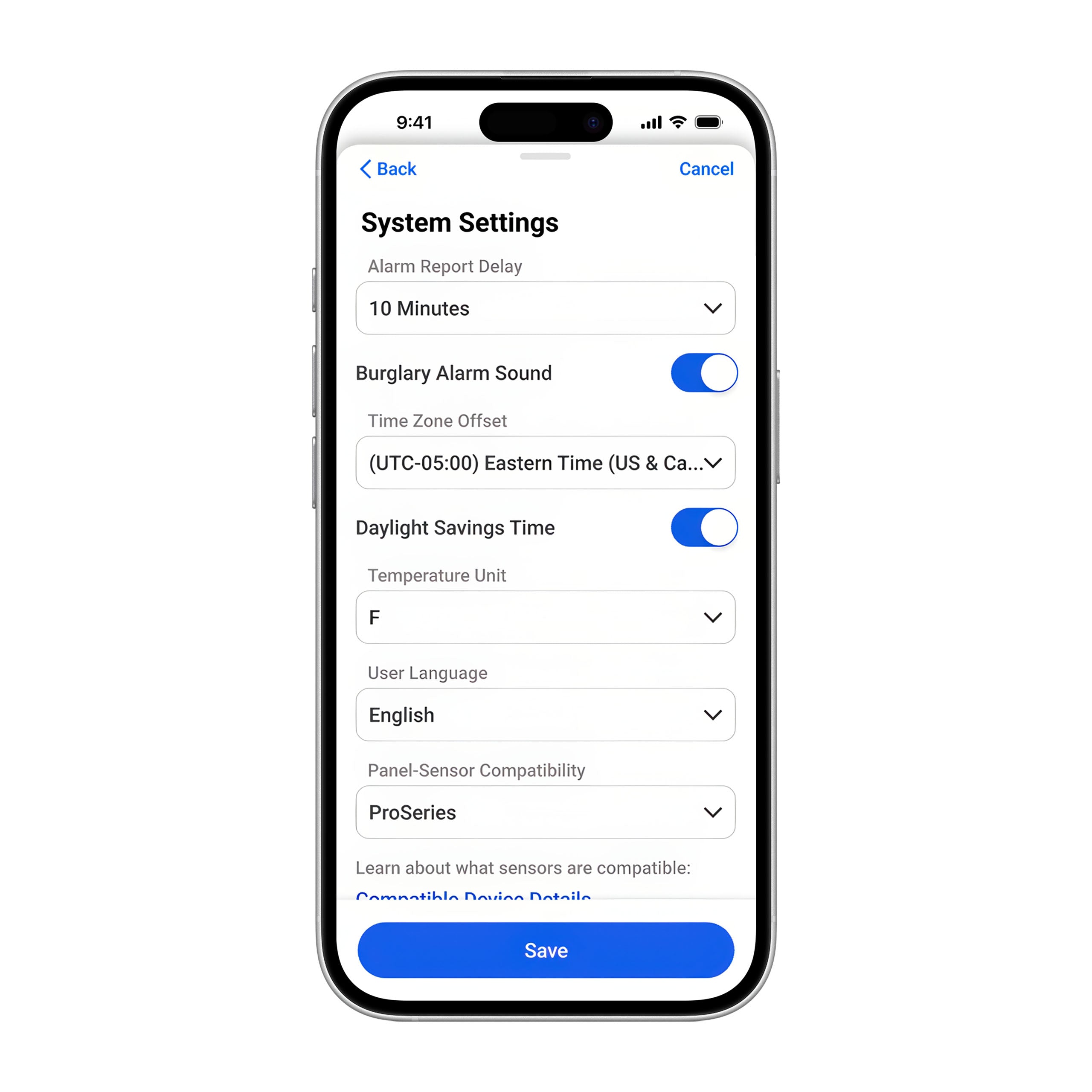 Pro-IQ-Security - System Settings - Front - phone screen
